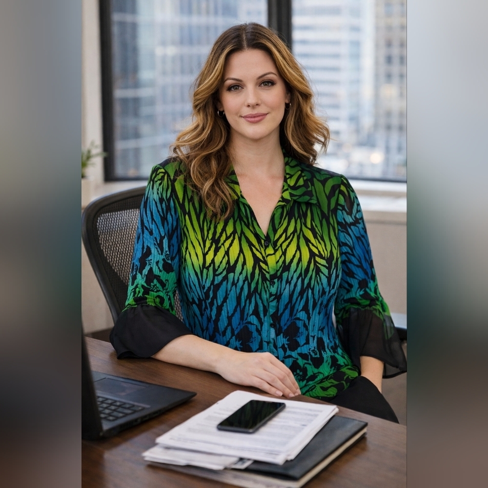 Sheer Chiffon Blouse Green Blue Ombre Floral Top Flowy Bell Sleeve Work to Weeke
